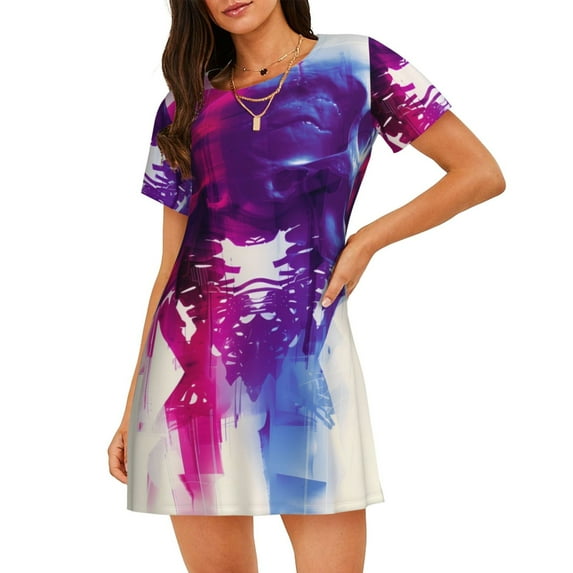 Kdxio Dual Skulls Colorful Fusion Pattern Womens Short Sleeve Sleepshirt Scoopneck Cute Nightdress Ruffle Comfy Nightgown