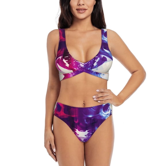 Kdxio Dual Skulls Colorful Fusion Print Women's 2 Piece High Waisted Wrap Spaghetti Strap Summer Swimsuit Bikini Set-Small