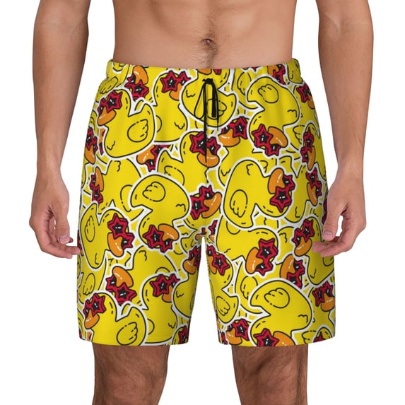 Kdxio Duck with Star Sunglasses Print Men's Swim Trunks with Compression Liner 7 Inch Inseam Quick Dry Swim Shorts