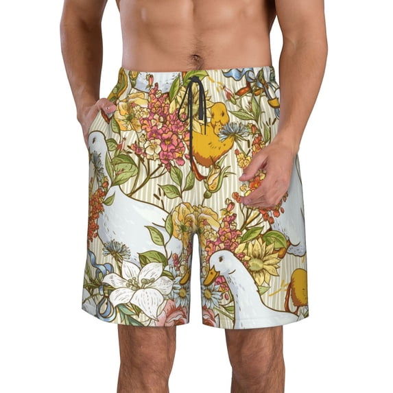 Kdxio Ducks and Flowers Pattern Mens Casual Shorts - Drawstring Summer Beach Sports Shorts for Men