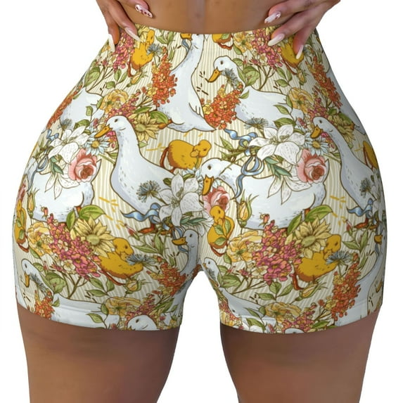 Kdxio Ducks and Flowers Print Workout Shorts for Women Seamless Soft Smooth Gym Yoga Scrunch Active Shorts