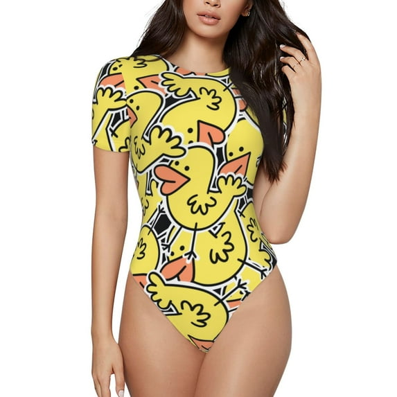 Kdxio Ducks for Women's Short-Sleeved Onesie Stylish Round Neck Pajamas Bodysuit Jumpsuit Nightwear-Small