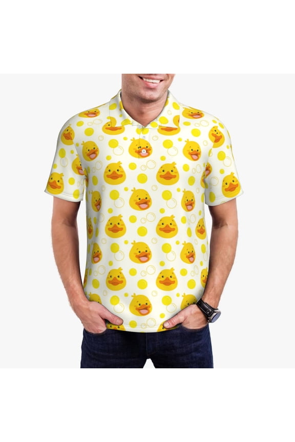Ducky Cartoon Print Men's Short Sleeve Polo Shirt,Midweight Men's Shirt-Small