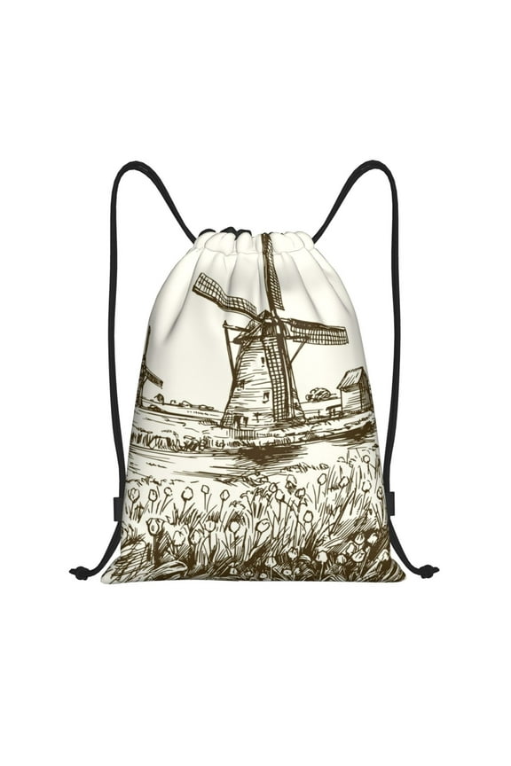 Dutch Windmill Print Drawstring Backpack Bag,Waterproof Draw String Back Sack, Gym Drawstring Bags Swim Bag For Unisex