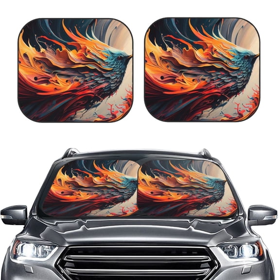 Kdxio Dynamic Fire Bird Art Print 2-Piece Sun Shade Front Windshield - Foldable Car Front Window Sunshades for Most Sedans SUV Truck