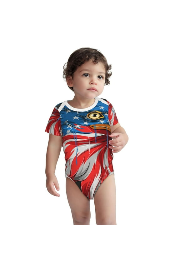 Eagle Head With American Flag Pattern Unisex Baby Cotton Short Sleeve Bodysuits-18 Months