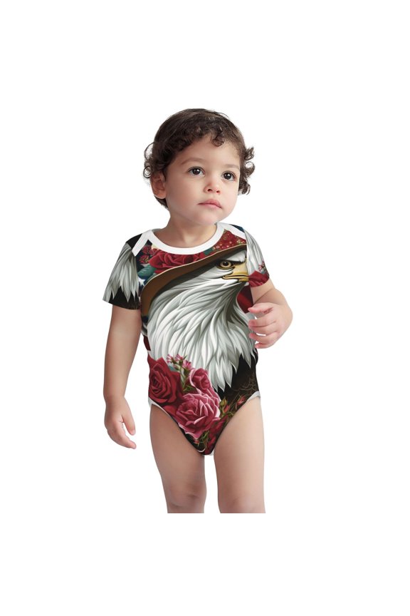 Eagle With Hat And Roses Pattern Unisex Baby Cotton Short Sleeve Bodysuits-3 Months