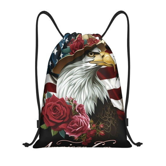 Kdxio Eagle With Hat And Roses Print Drawstring Backpack Bag,Waterproof Draw String Back Sack, Gym Drawstring Bags Swim Bag For Unisex