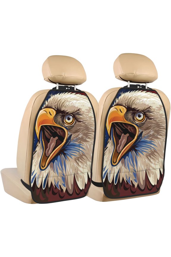 Eagle With USA Flags Print 2 Pack Car Kick Mat Seat Cover Back Protector Mat with Pockets for Organizer Backseat Protector and Storage Anti Kick Pad for Vehicles