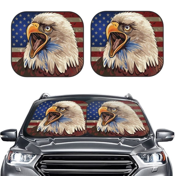 Kdxio Eagle With USA Flags Print 2-Piece Sun Shade Front Windshield - Foldable Car Front Window Sunshades for Most Sedans SUV Truck