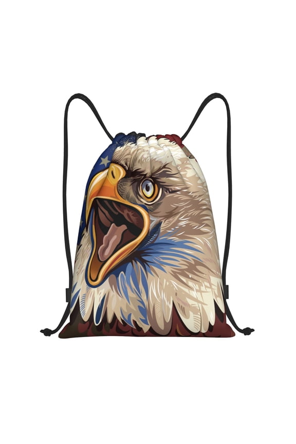 Eagle With USA Flags Print Drawstring Backpack Bag,Waterproof Draw String Back Sack, Gym Drawstring Bags Swim Bag For Unisex