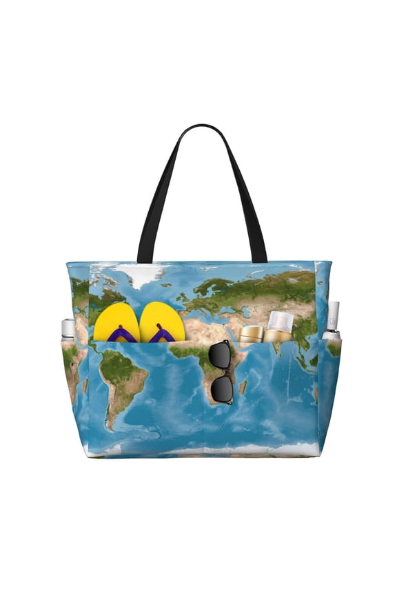 Earth View World Map for Beach Bag for Women Large Beach Tote Bag Waterproof Sandproof Swim Bag with Zipper Pockets Beach Vacation Travel