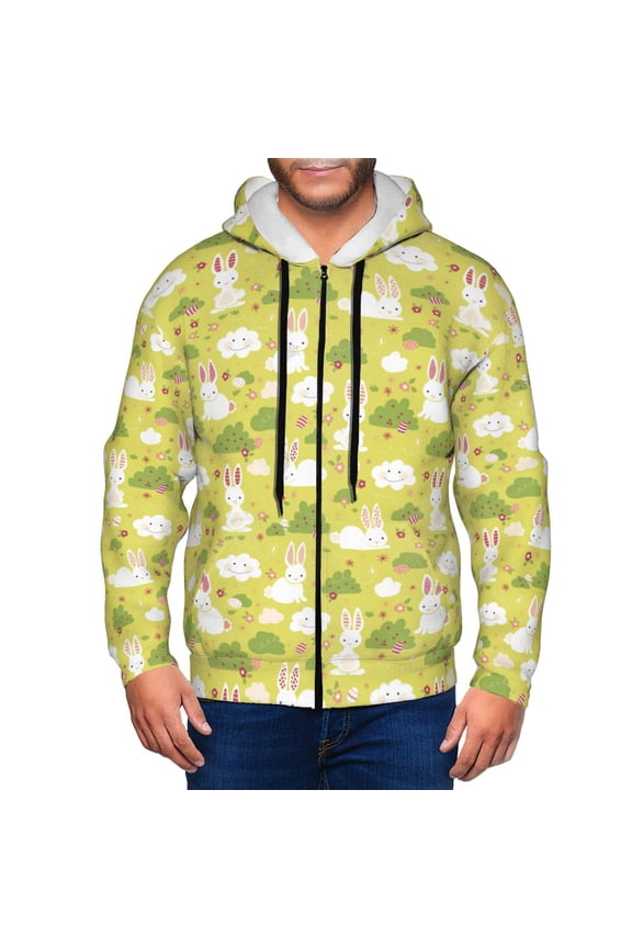 Easter Bunny Print Men Hoodies Casual Hoodies for Men with Zip Pockets Full Zip Long Sleeve Sweatshirt Sports Hooded Jacket-Medium