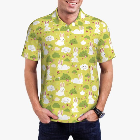 Kdxio Easter Bunny Print Men's Short Sleeve Polo Shirt,Midweight Men's Shirt