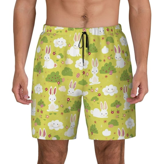 Kdxio Easter Bunny Print Men's Swim Trunks with Compression Liner 7 Inch Inseam Quick Dry Swim Shorts