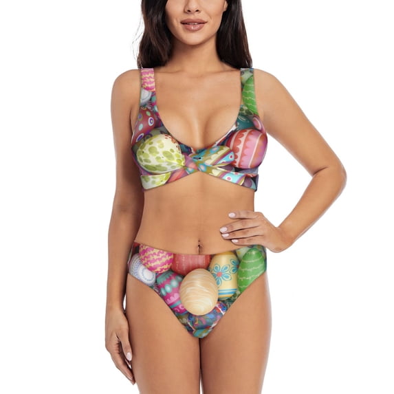 Kdxio Easter Eggs Print Women's 2 Piece High Waisted Wrap Spaghetti Strap Summer Swimsuit Bikini Set-X-Large