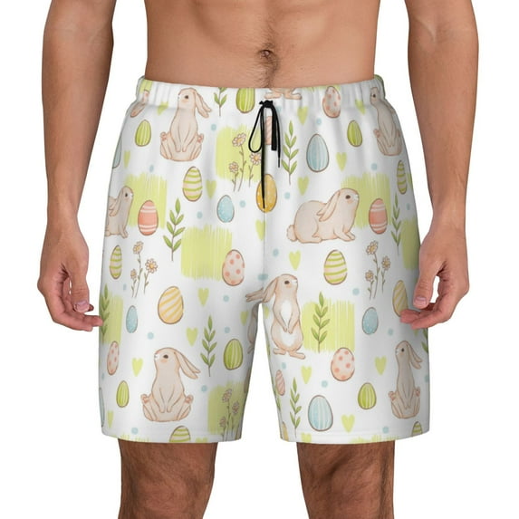 Kdxio Easter Rabbit Print Men's Swim Trunks with Compression Liner 7 Inch Inseam Quick Dry Swim Shorts