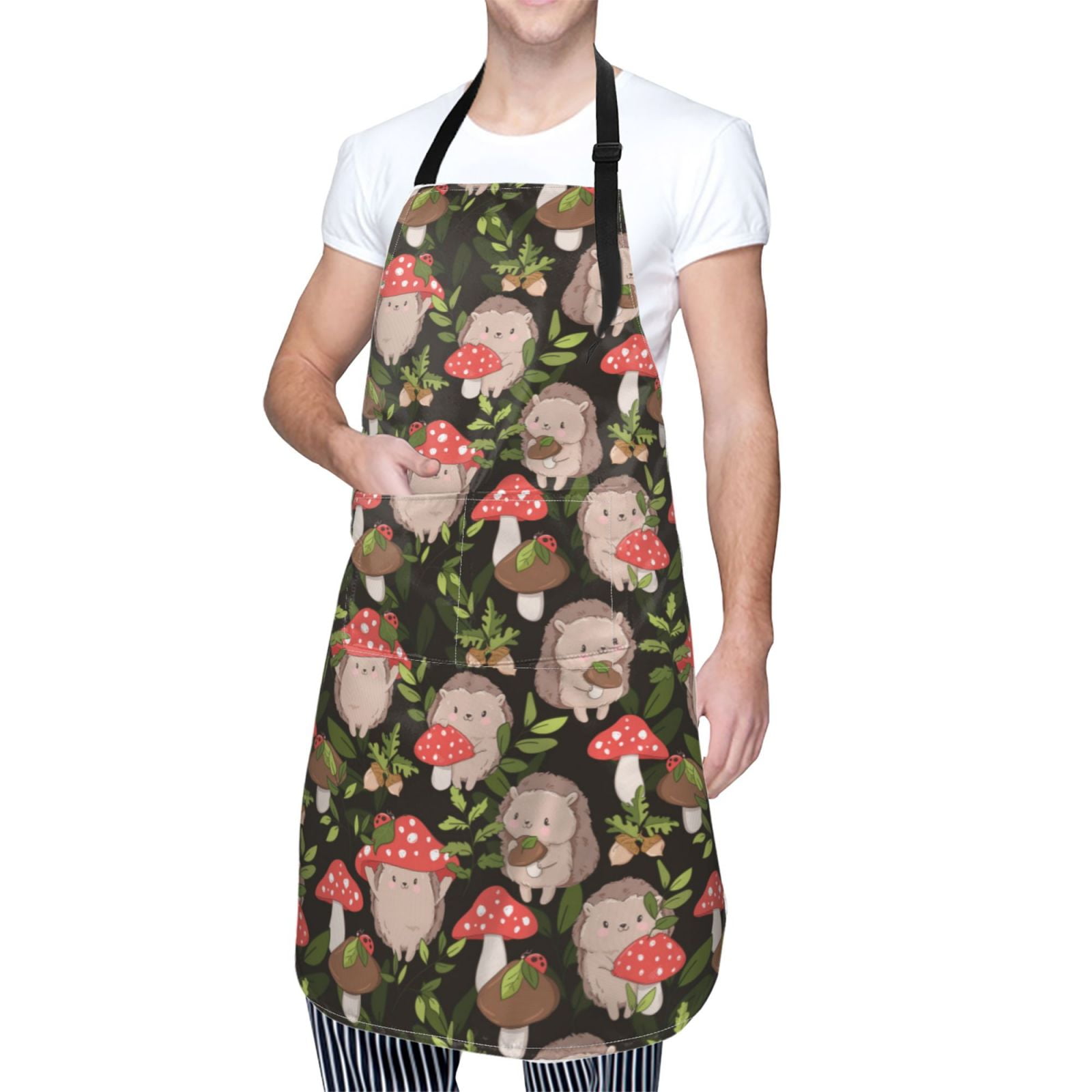 Kdxio Edgehog and Mushrooms Apron with Pockets Adjustable Kitchen Aprons for Men Women Waterproof Aprons for Cooking,Drawing,Crafting, Baking Household Cleaning