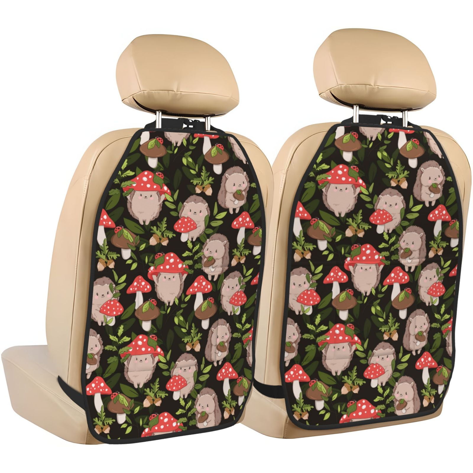 Kdxio Edgehog and Mushrooms Print 2 Pack Car Kick Mat Seat Cover Back Protector Mat with Pockets for Organizer Backseat Protector and Storage Anti Kick Pad for Vehicles