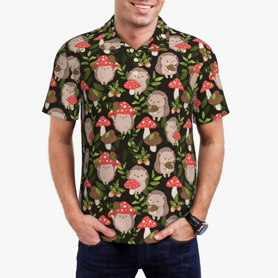 Kdxio Edgehog and Mushrooms Print Men's Short Sleeve Polo Shirt,Midweight Men's Shirt