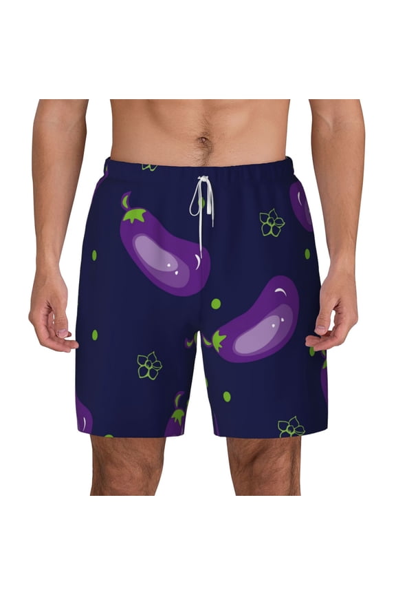 Eggplant Print Men'S Swim Trunks With Compression Liner 7 Inch Inseam Quick Dry Swim Shorts