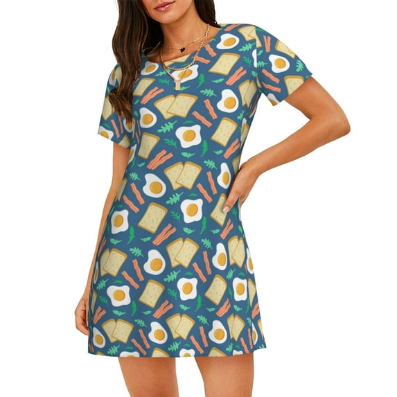 Kdxio Eggs Toast Bacon And Arugula Pattern Womens Short Sleeve Sleepshirt Scoopneck Cute Nightdress Ruffle Comfy Nightgown