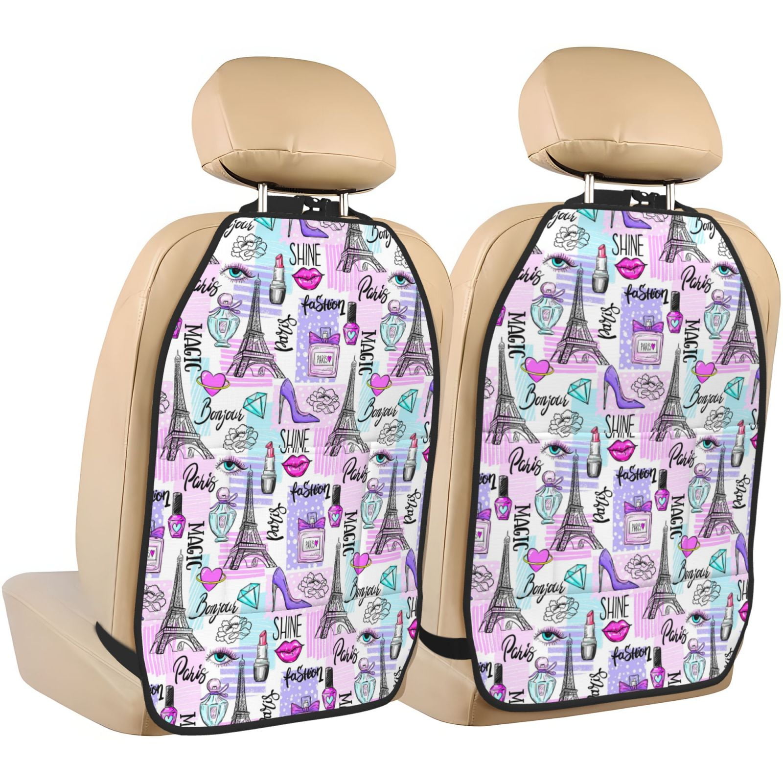 Kdxio Eiffel Tower and Hearts Print 2 Pack Car Kick Mat Seat Cover Back Protector Mat with Pockets for Organizer Backseat Protector and Storage Anti Kick Pad for Vehicles