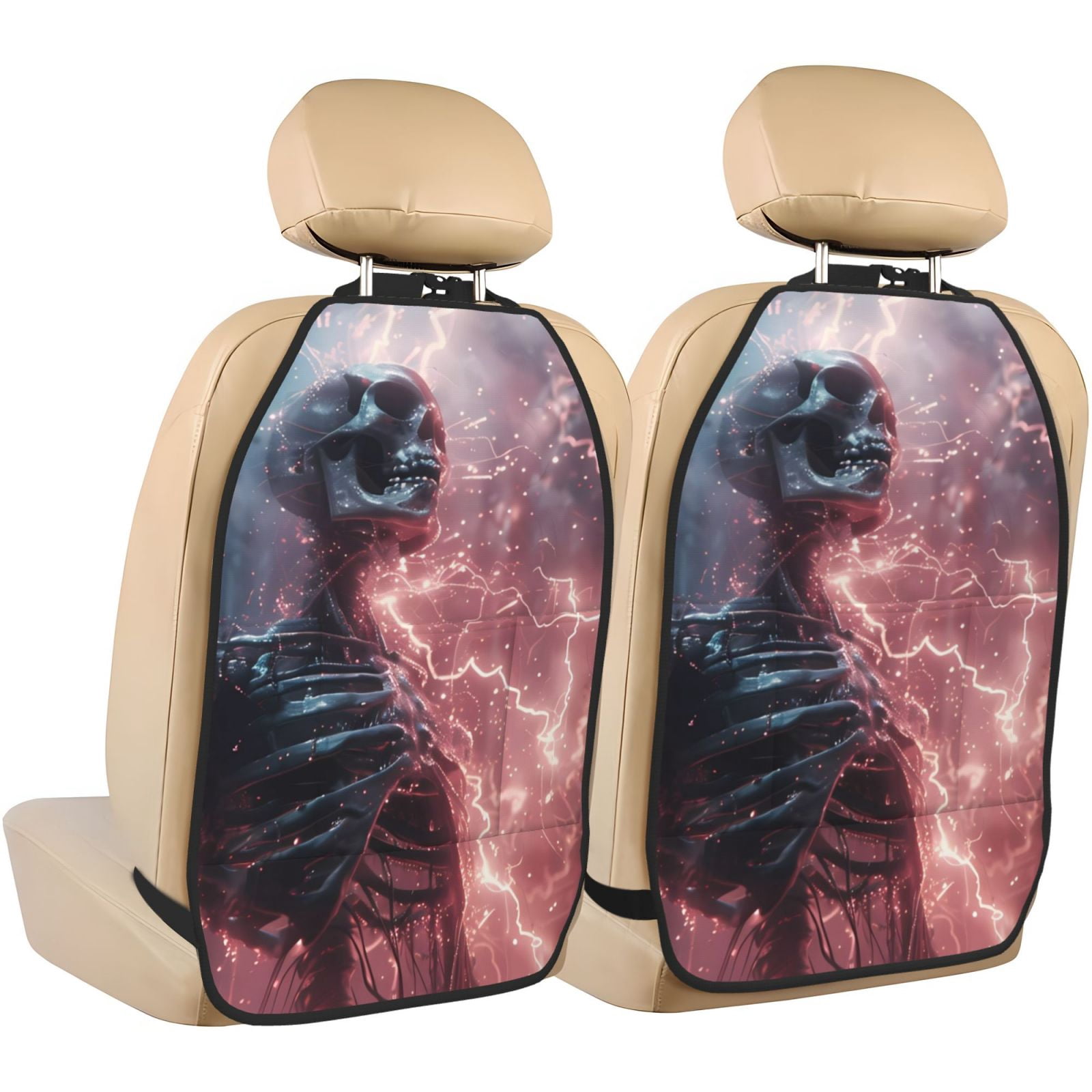Kdxio Electric Skeleton Surrealism Print 2 Pack Car Kick Mat Seat Cover Back Protector Mat with Pockets for Organizer Backseat Protector and Storage Anti Kick Pad for Vehicles