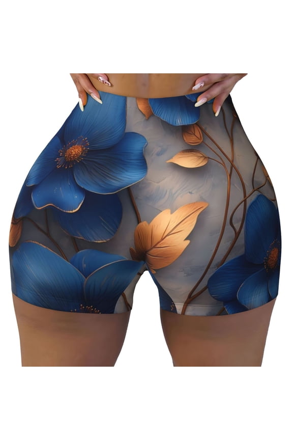 Elegant Blue Gold Blooms Print Workout Shorts for Women Seamless Soft Smooth Gym Yoga Scrunch Active Shorts