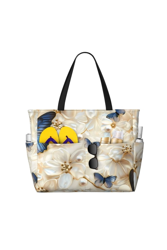 Elegant Butterflies And Pearls for Beach Bag for Women Large Beach Tote Bag Waterproof Sandproof Swim Bag with Zipper Pockets Beach Vacation Travel