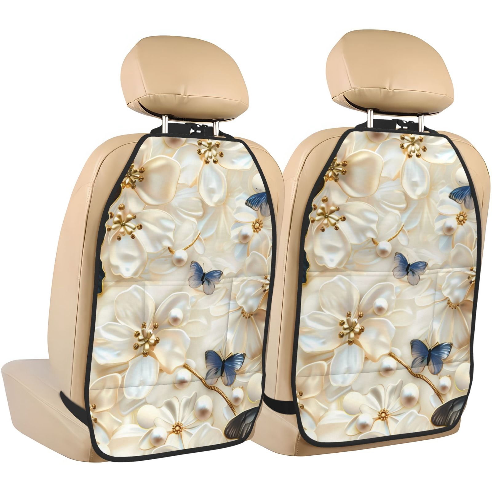 Kdxio Elegant Butterflies And Pearls Print 2 Pack Car Kick Mat Seat Cover Back Protector Mat with Pockets for Organizer Backseat Protector and Storage Anti Kick Pad for Vehicles