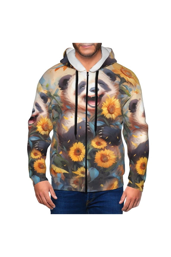 Elegant Cute Panda Sunflower Print Men Hoodies Casual Hoodies for Men with Zip Pockets Full Zip Long Sleeve Sweatshirt Sports Hooded Jacket-Small