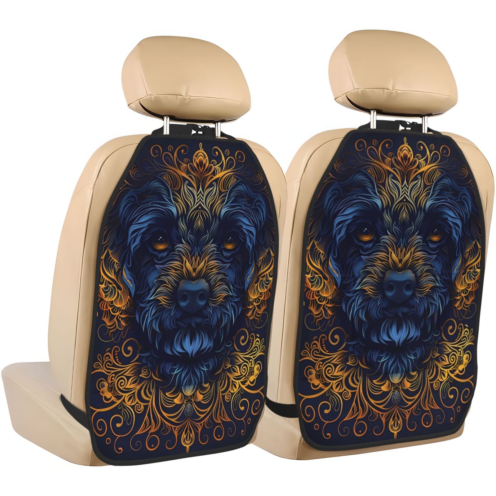 Kdxio Elegant Dog Mandala Art Print 2 Pack Car Kick Mat Seat Cover Back Protector Mat with Pockets for Organizer Backseat Protector and Storage Anti Kick Pad for Vehicles