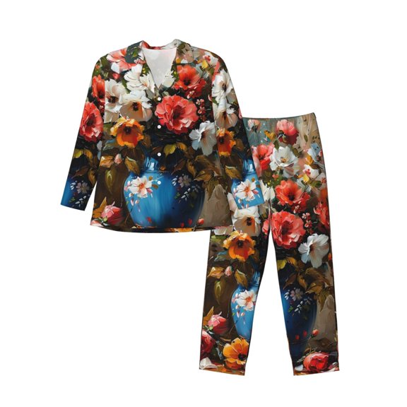 Kdxio Elegant Floral Vase Painting Men’s Pajama Set Pajamas For Men 2 Piece PJ Set with Men Pajama Pants and Long Sleeve T-Shirt Lounge Set-XX-Large