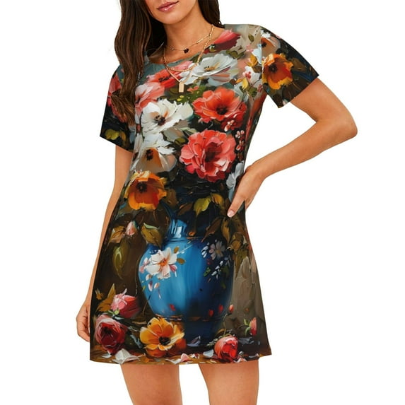Kdxio Elegant Floral Vase Painting Pattern Womens Short Sleeve Sleepshirt Scoopneck Cute Nightdress Ruffle Comfy Nightgown