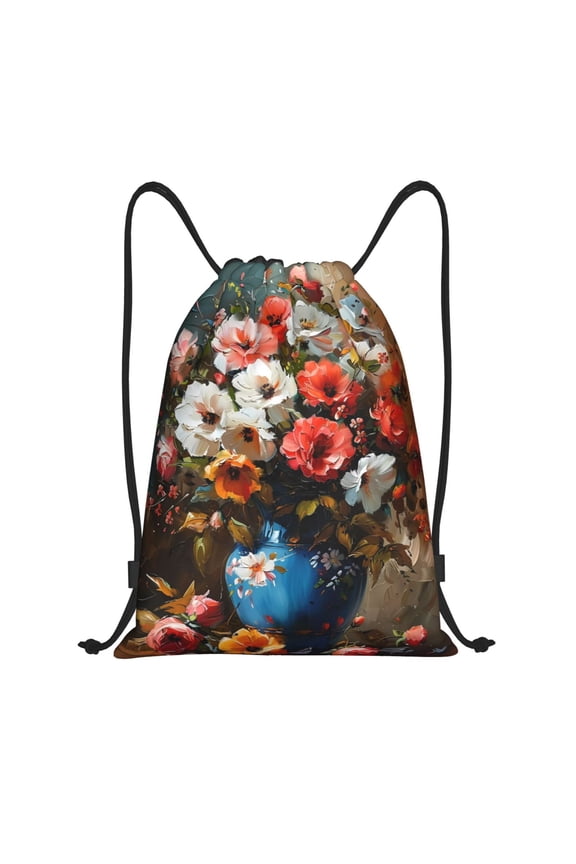 Elegant Floral Vase Painting Print Drawstring Backpack Bag,Waterproof Draw String Back Sack, Gym Drawstring Bags Swim Bag For Unisex