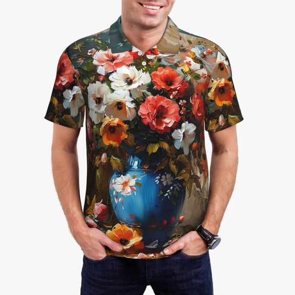 Kdxio Elegant Floral Vase Painting Print Men's Short Sleeve Polo Shirt,Midweight Men's Shirt-Small