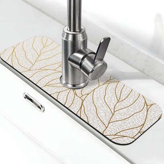 Kdxio Elegant Gold Leaf Pattern Pattern Non-Slip Diatom Mud Faucet Drain Pad,Self Absorbent Mat for Kitchen Sink for Variety Kitchen & Bathroom Countertops
