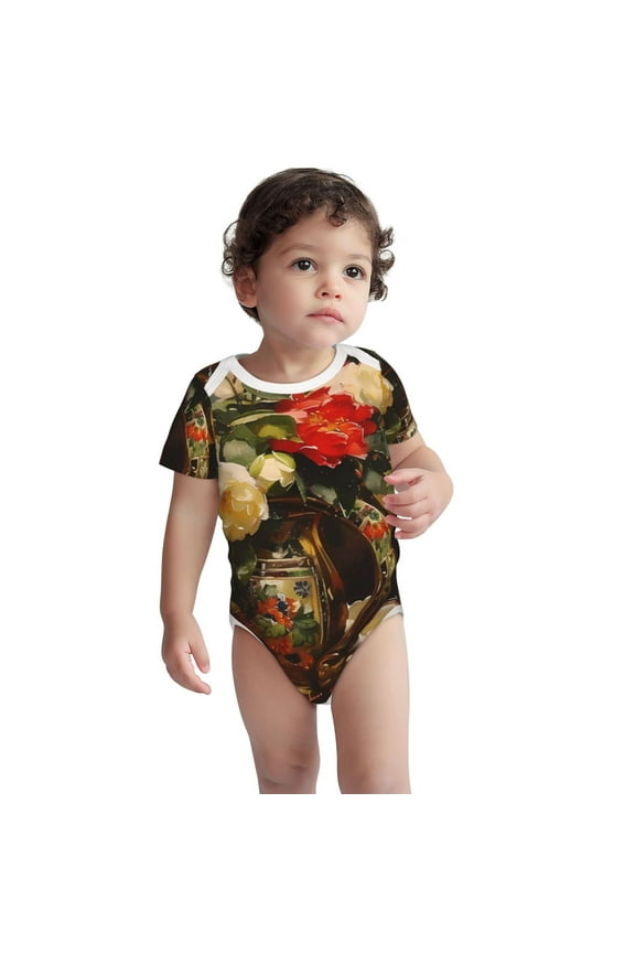 Elegant Still Life Roses Pattern Unisex Baby Cotton Short Sleeve Bodysuits-6 Months