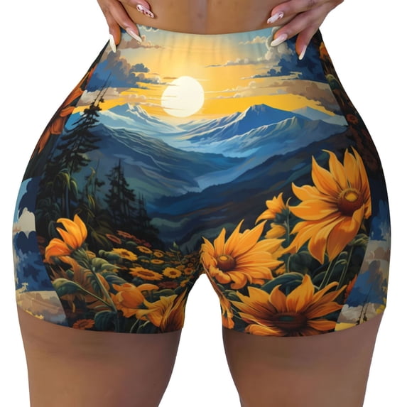 Kdxio Elegant Sunset Sunflower Print Workout Shorts for Women Seamless Soft Smooth Gym Yoga Scrunch Active Shorts