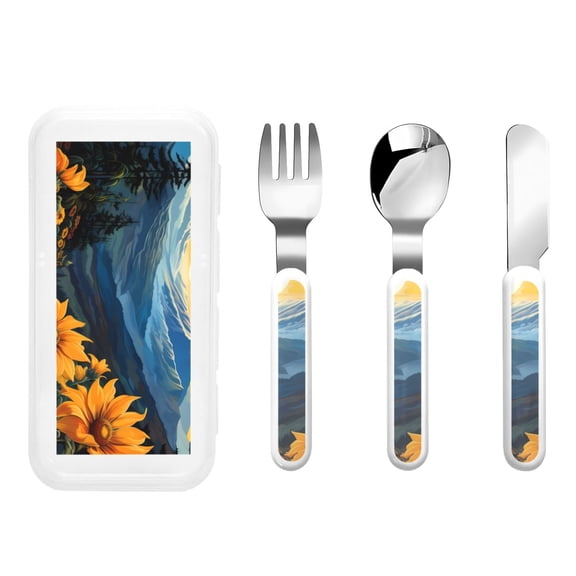 Kdxio Elegant Sunset Sunflower Toddler Utensils Set - Kids Silverware Set, Set Kids Utensils Set with Case for Preschooler Children
