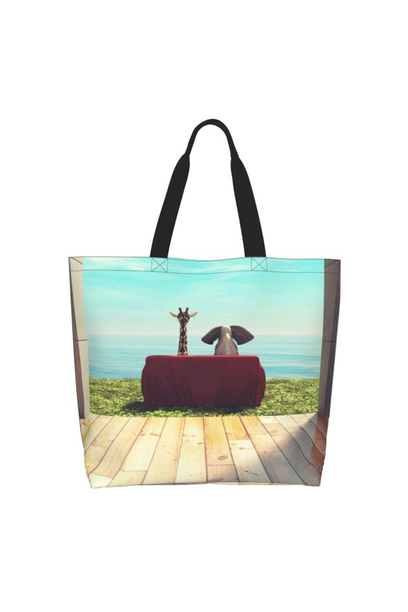Elehpant And A Giraffe Looking At The Sea Casual Tote Bags Women Big Capacity Shoulder Bag for Women Travel Shoulder Bags Handbags