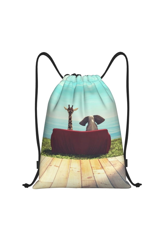 Elehpant And A Giraffe Looking At The Sea Print Drawstring Backpack Bag,Waterproof Draw String Back Sack, Gym Drawstring Bags Swim Bag For Unisex
