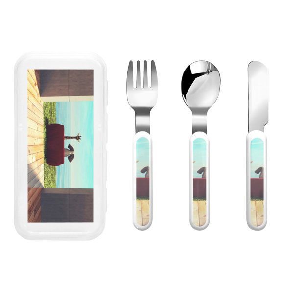 Kdxio Elehpant And A Giraffe Looking At The Sea Toddler Utensils Set - Kids Silverware Set, Set Kids Utensils Set with Case for Preschooler Children