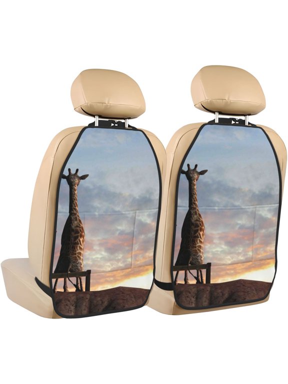Elephant Giraffe Print 2 Pack Car Kick Mat Seat Cover Back Protector Mat with Pockets for Organizer Backseat Protector and Storage Anti Kick Pad for Vehicles