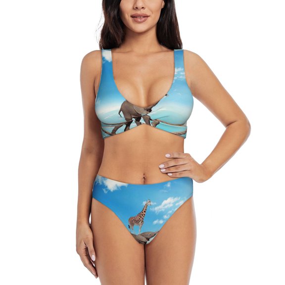 Kdxio Elephant Giraffe Print Women's 2 Piece High Waisted Wrap Spaghetti Strap Summer Swimsuit Bikini Set-Small