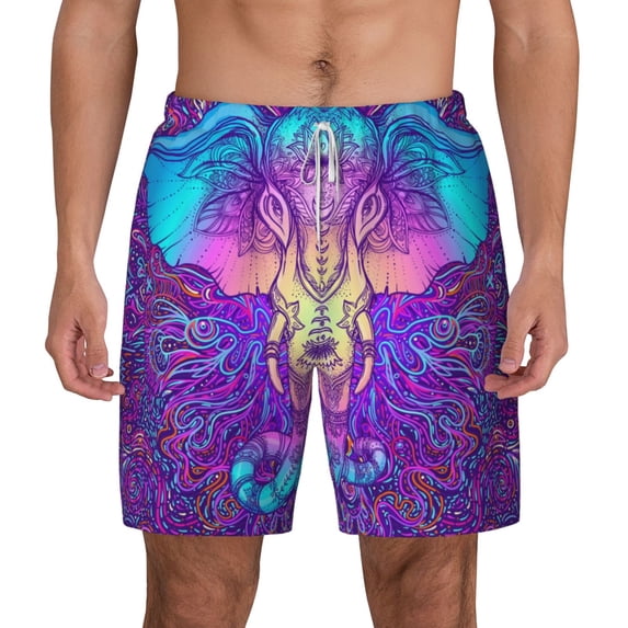 Kdxio Elephant In Tribal Style Print Men'S Swim Trunks With Compression Liner 7 Inch Inseam Quick Dry Swim Shorts