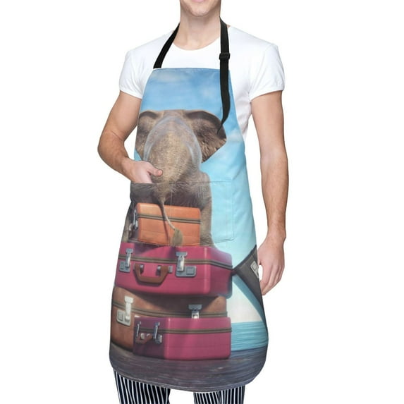 Kdxio Elephant Sits On A Stack Of Luggages Ocean Apron with Pockets Adjustable Kitchen Aprons for Men Women Waterproof Aprons for Cooking,Drawing,Crafting, Baking Household Cleaning