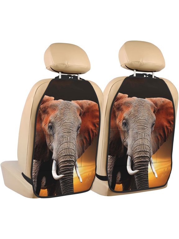 Elephant Sunset in Kenya Print 2 Pack Car Kick Mat Seat Cover Back Protector Mat with Pockets for Organizer Backseat Protector and Storage Anti Kick Pad for Vehicles