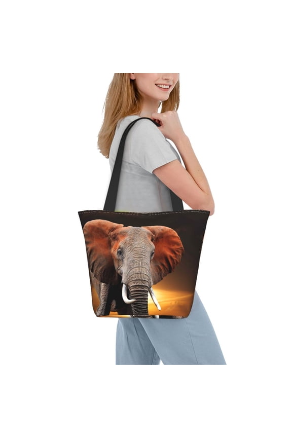 Elephant Sunset in Kenya Women Reusable Grocery Bags Foldable Ripstop,Reusable Shopping Bags for Shopping,Gym,Gift